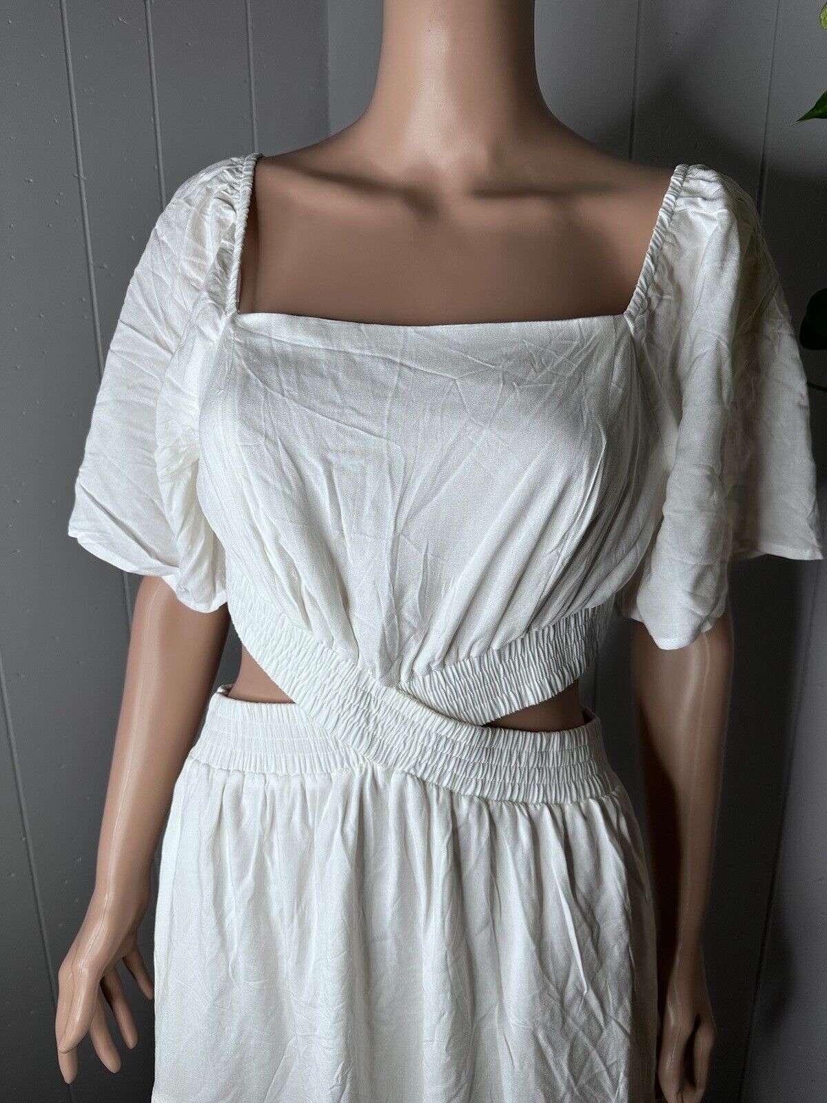 Cutout Maxi Dress Square Neck Short Sleeve Large White