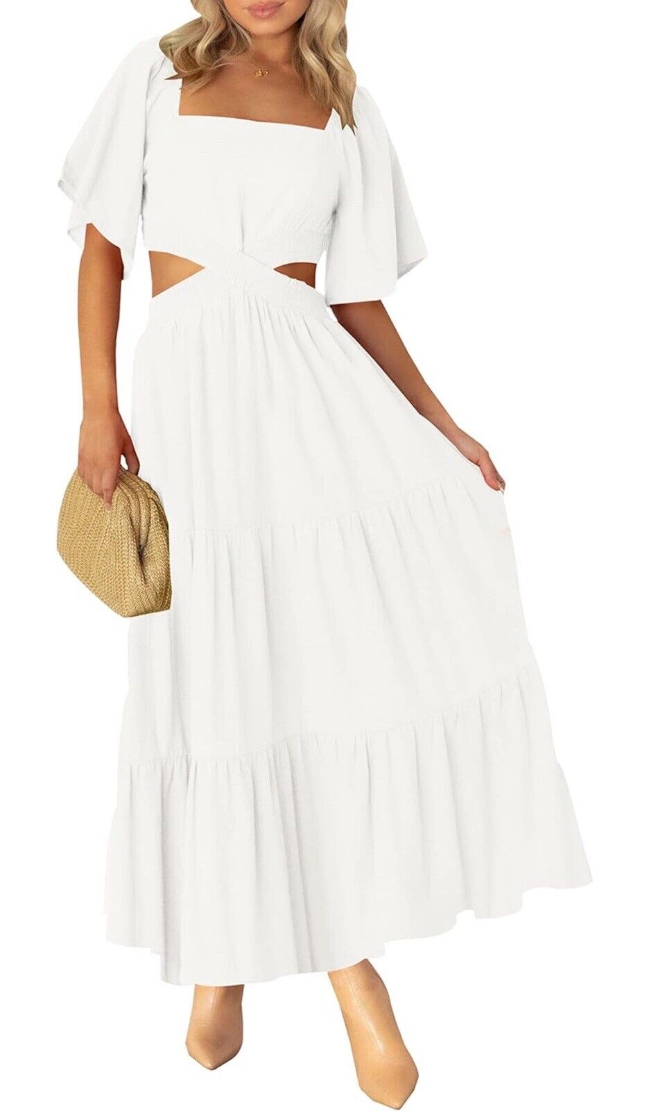 Cutout Maxi Dress Square Neck Short Sleeve Large White