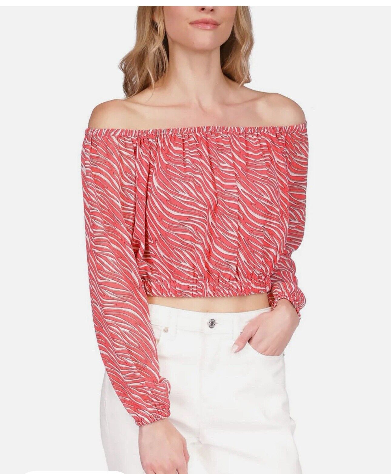 MICHAEL Michael Kors Womens Cropped Long Sleeve Shirt Off The Shoulder XS