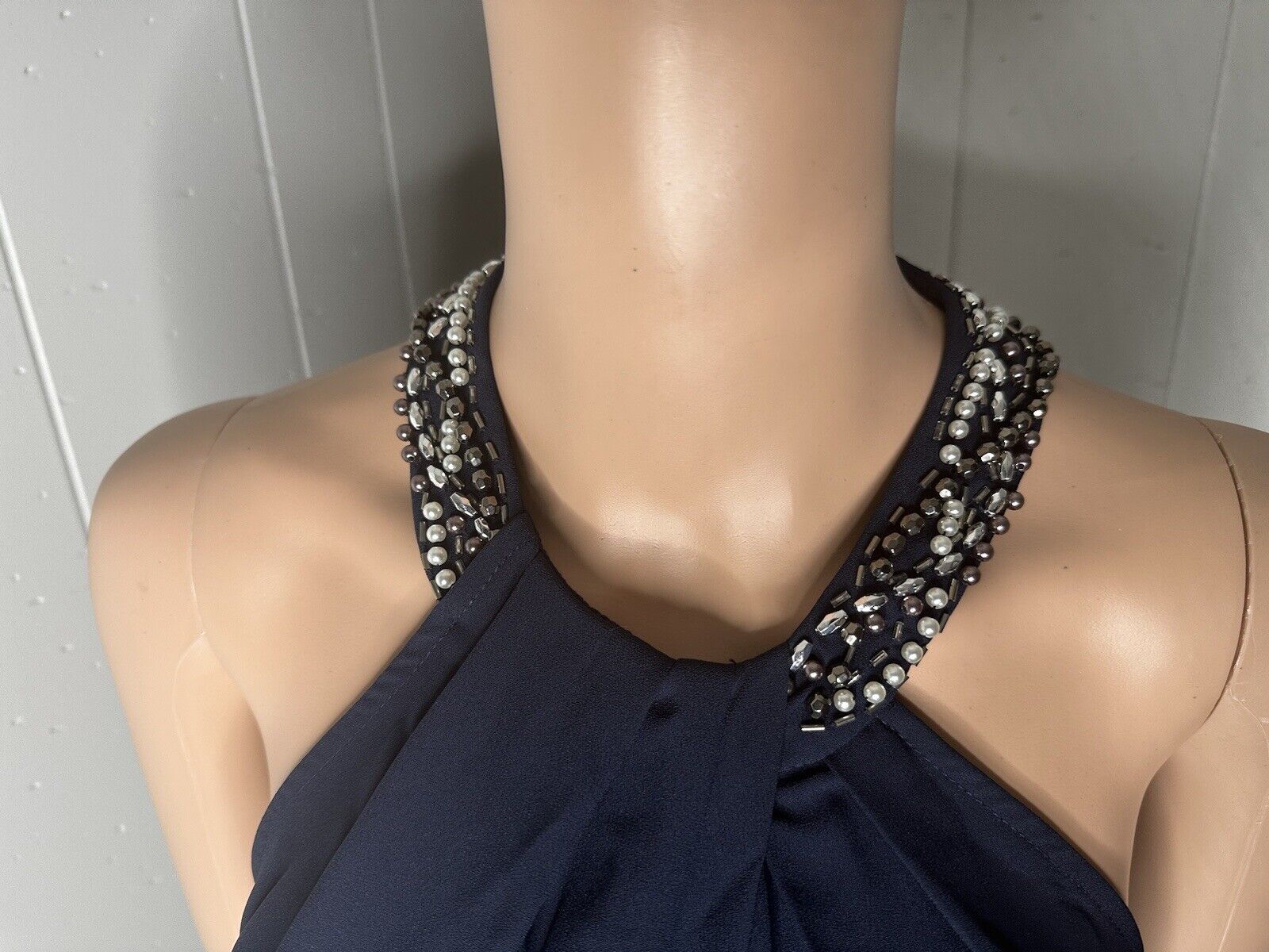 New SLNY Womens Dress Jeweled Halter Cocktail Party Wedding 8 Slate Navy Blue