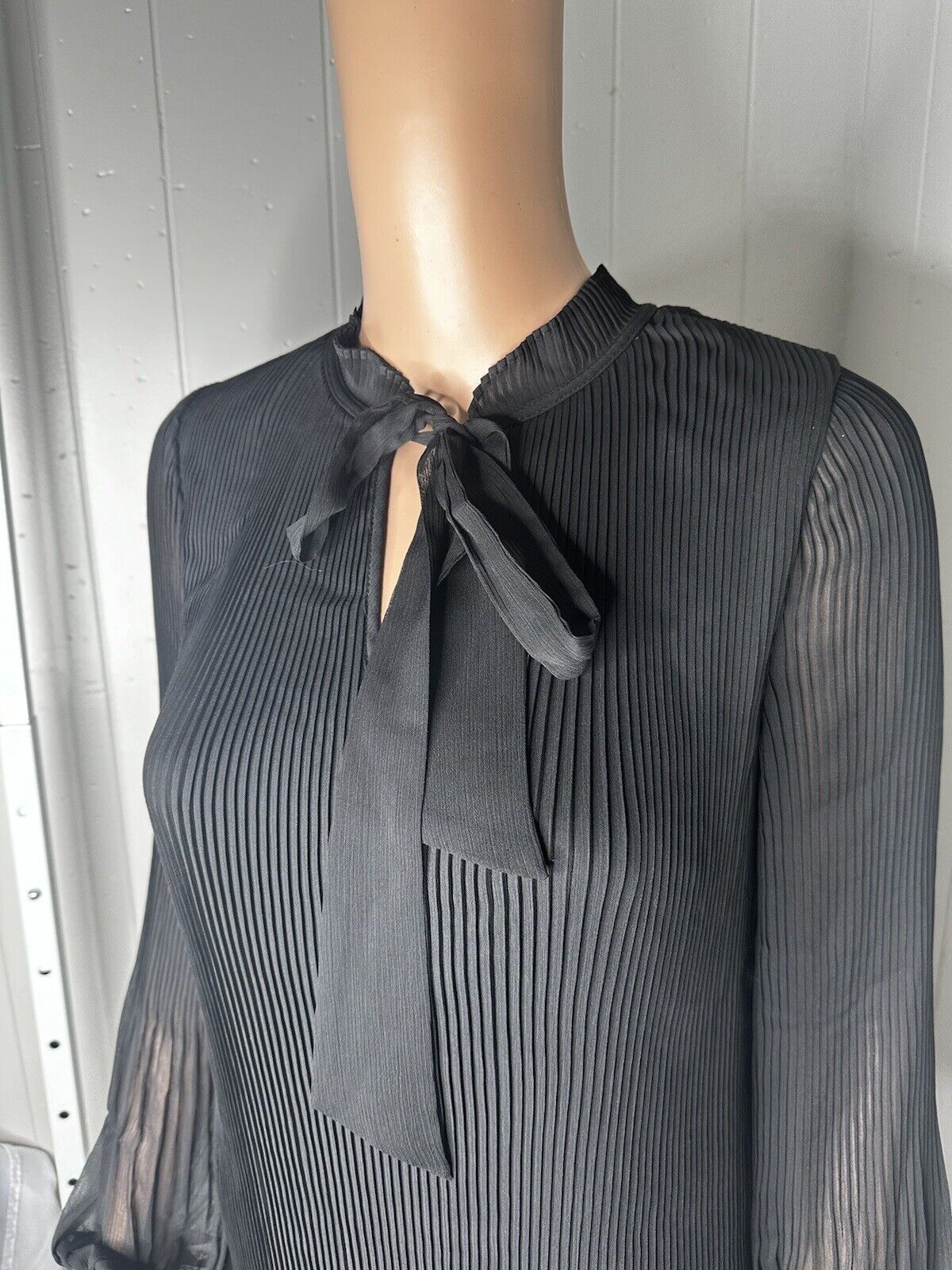 DKNY Womens Black Pleated Long Sleeve Tie Neck Short Shift Dress 2