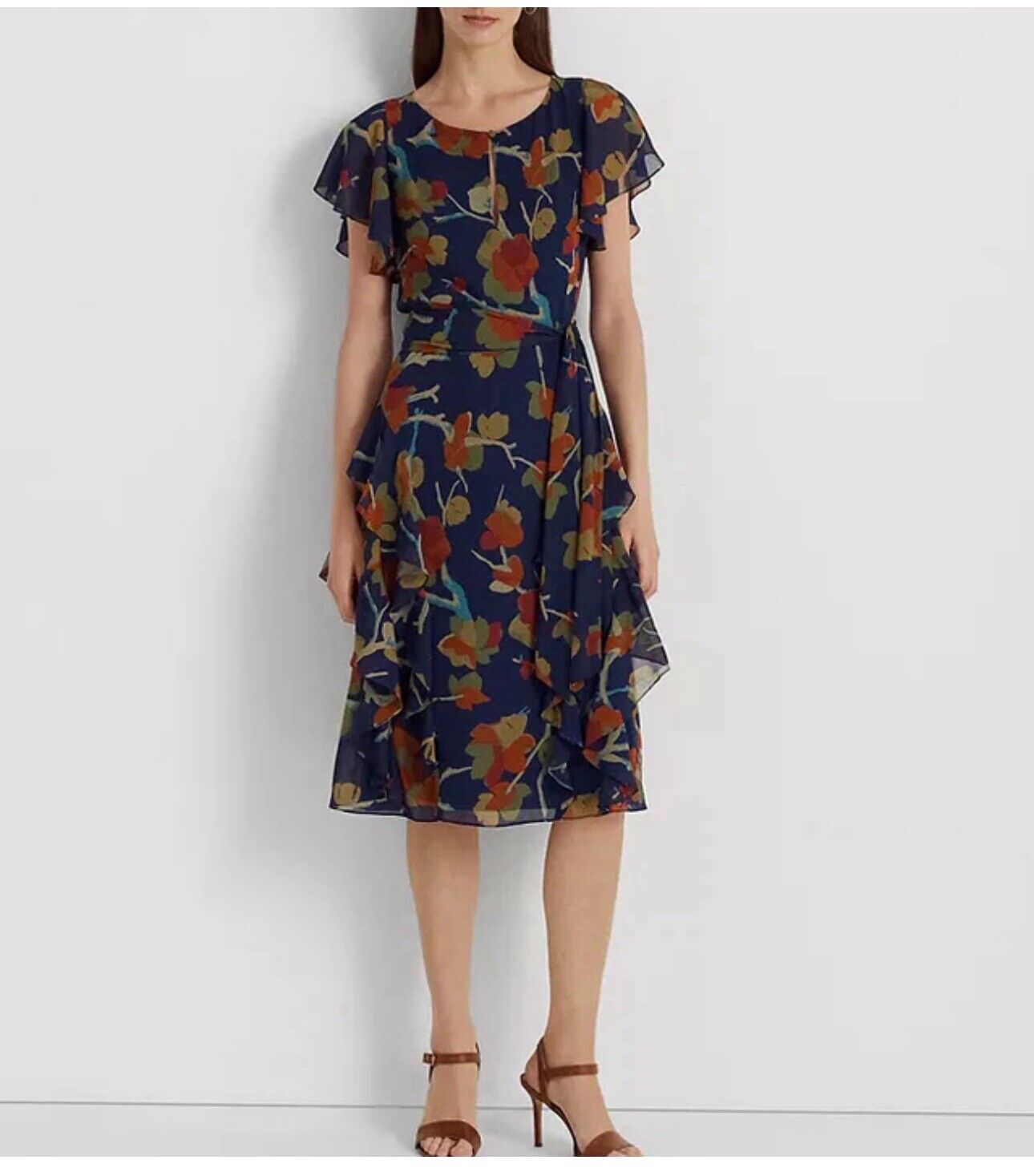 NWT LAUREN Ralph Lauren  Floral Ruffle-Trim Georgette Dress Size 2