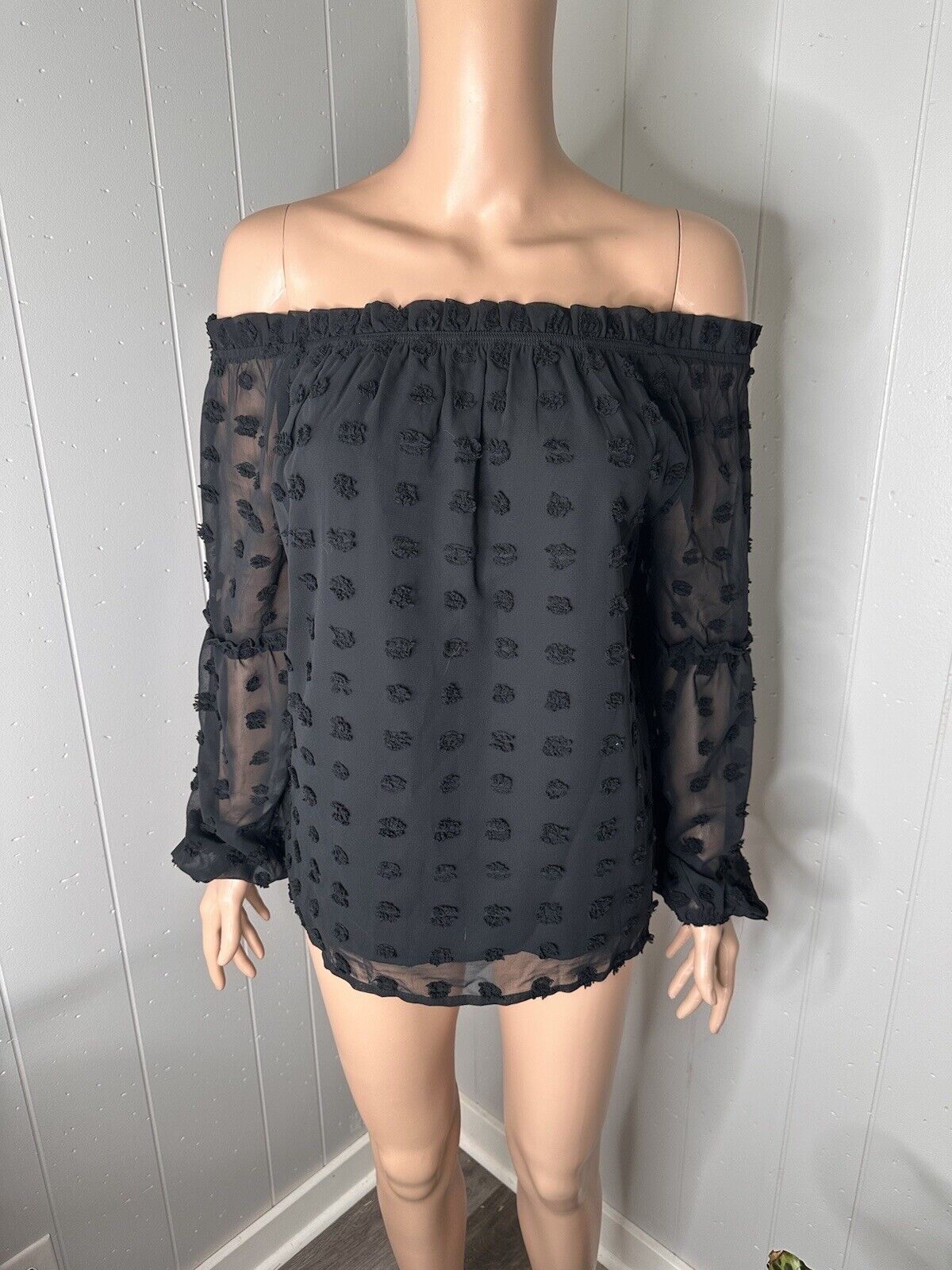 Off Shoulder Shirts Ruffled Long Sleeve Swiss Dot Pompom Loose Fit Blouse S