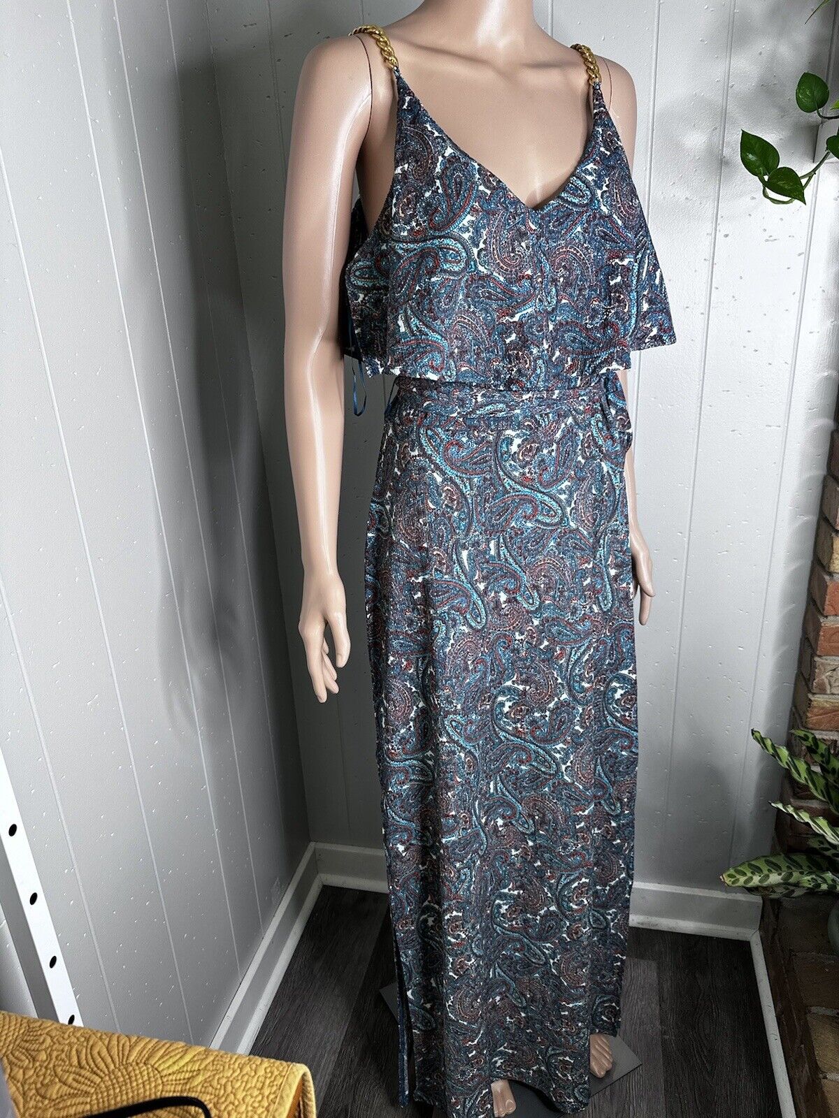 Michael Michael Kors Women's Sangria Paisley Chain Flutter Maxi Dress Size M